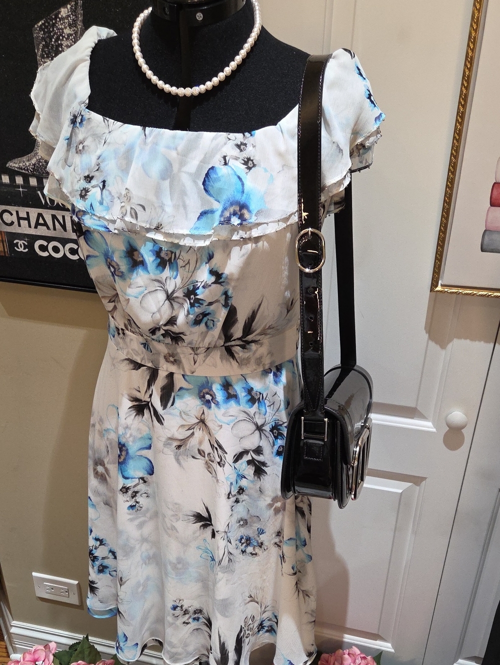 Size 8 White House Black Market Light Blue & White Floral Ruffle Midi Dress